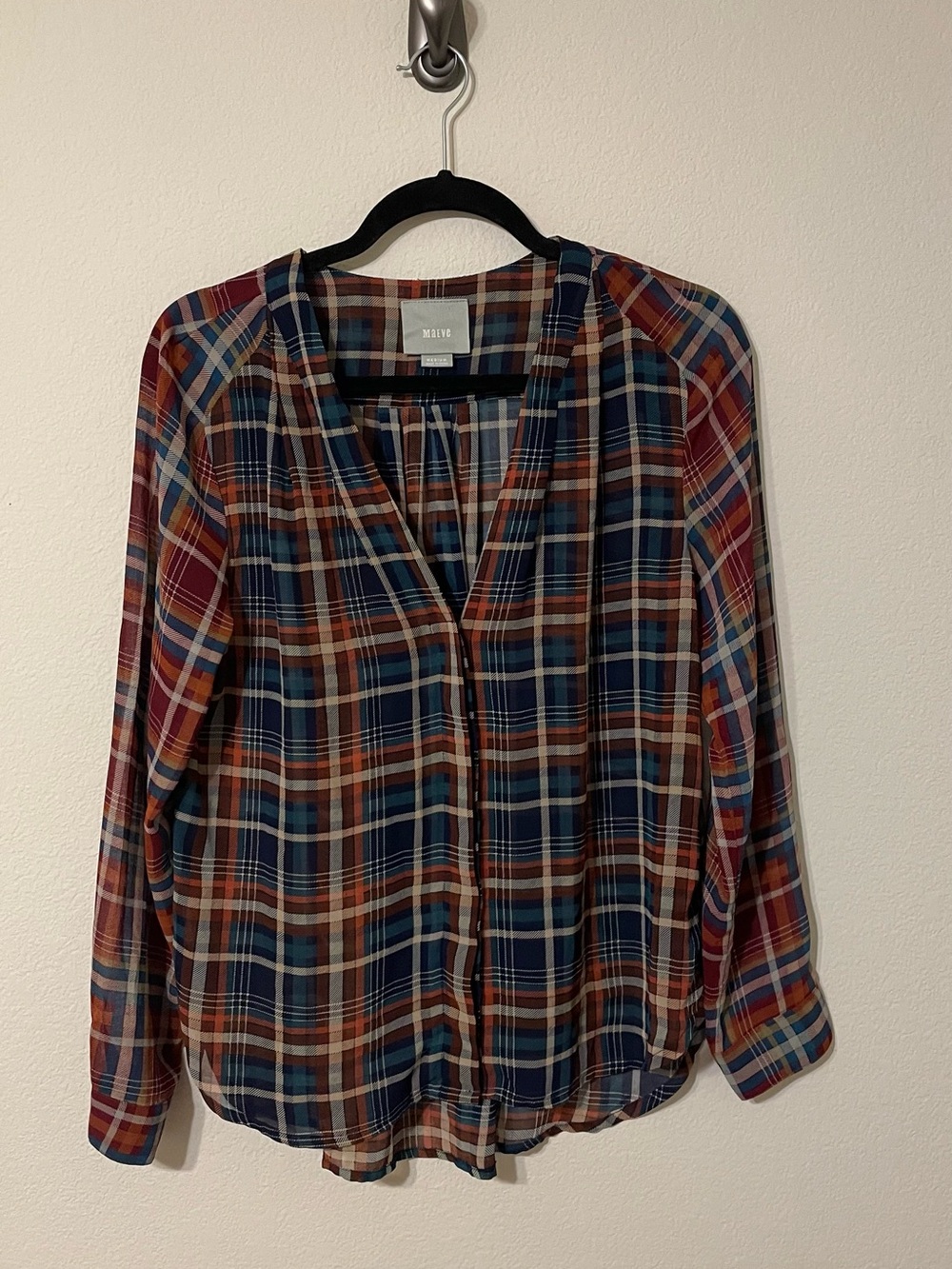 Anthropologie Maeve Plaid Blouse M V Neck Long Sleeve Fall Cottagecore